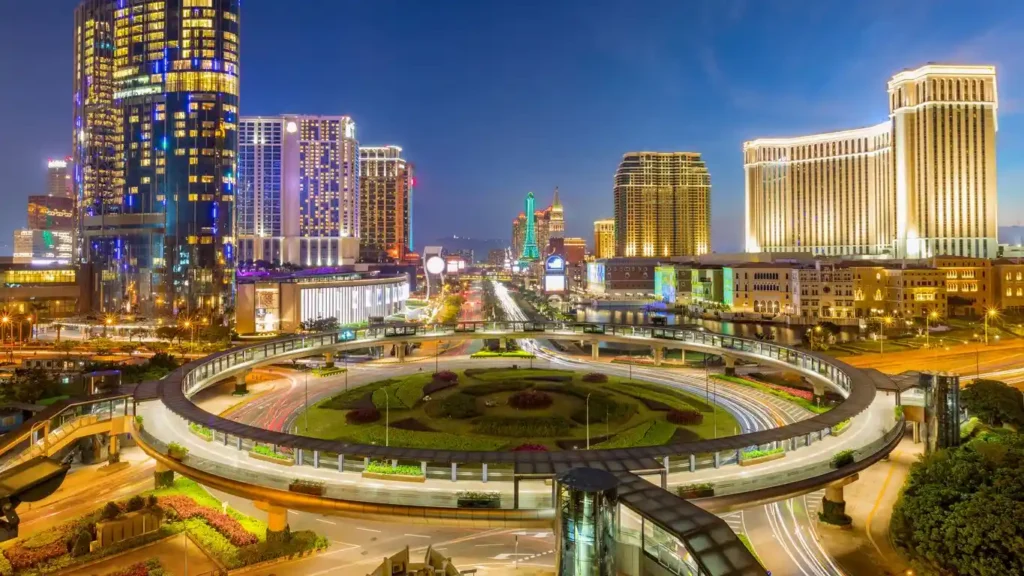 view of Macau City in the night with some beautiful lightnings and also tall buildings