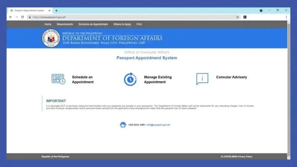 Screenshot of the DFA passport appointment system, where you can apply for a Philippine passport.