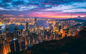 view of hongkong ,tall buildings and also city lights in nights
