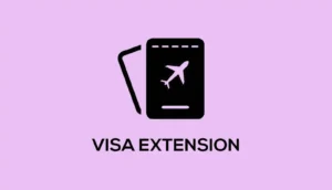 a purple backgraound with a word saying "visa extensions " at the center with a passport and an airplane logo on it .