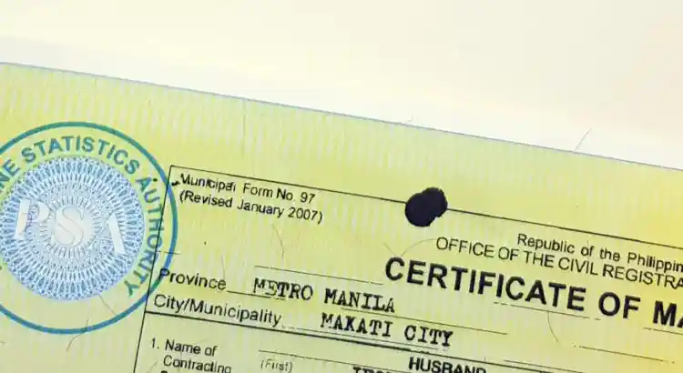 The top left corner of a Philippine PSA marriage certificate