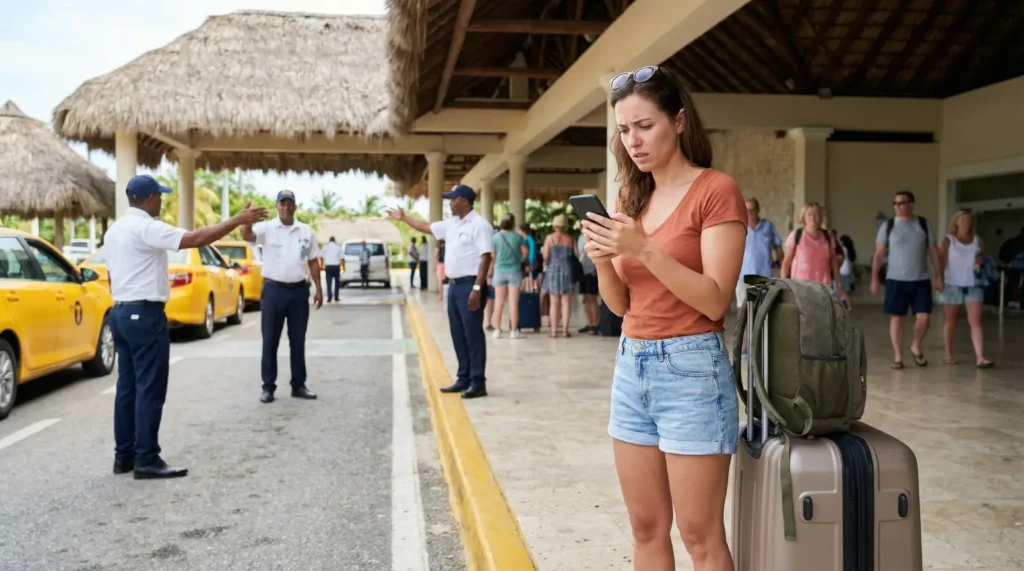 A female traveler with a China tourist visa stands on the side of the street, anxiously searching for travel advice.