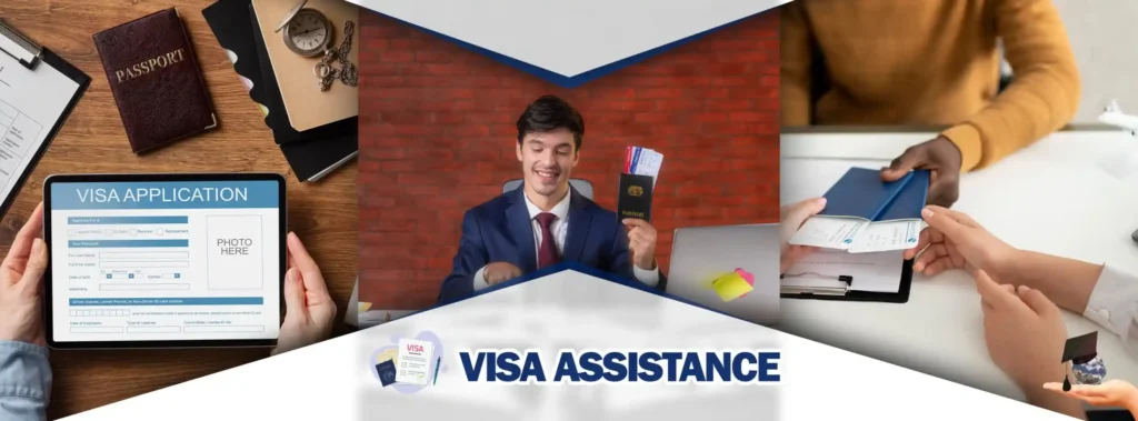 A visa officer, holding a passport, explains the difference between the self-process China visa and the assist process.