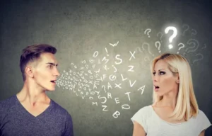 A man learn Chinese books like YCT, HSK, and chats with a woman who can't understand it because of the language barrier.