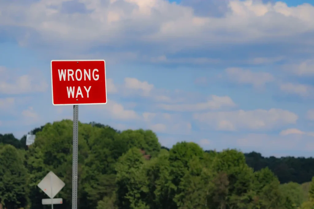 A red "wrong way" sign stands amidst the natural scenery, indicating visa mistakes, visa refused, visa tips.